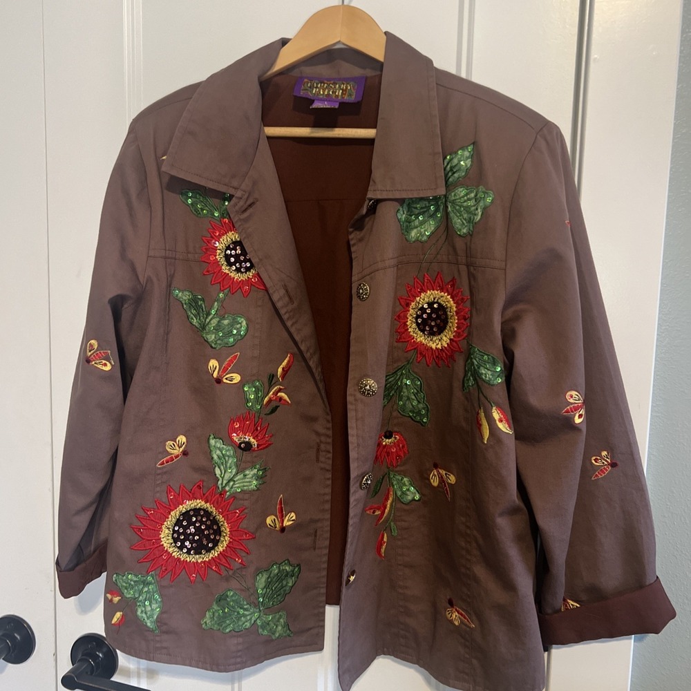 VTG 90s Tapestry Patch Brown Sequin Embroidered Sunflower Shirt Jacket Large